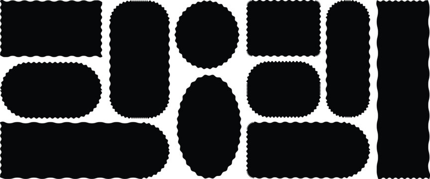 Scallop frames set. Rectangle shape frame with zigzag edge. Frames with zigzag, Tags, labels, stamps, crackers, coupons rectangle boxes with curvy, wavy edges isolated. Wave and curvy border shape