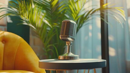 Retro microphone on a table in a room with yellow armchair, podcast concept.