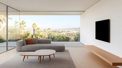 Fototapeta premium Innovative modern home with clean lines, neutral shades, and expansive outdoor views, 3D rendering
