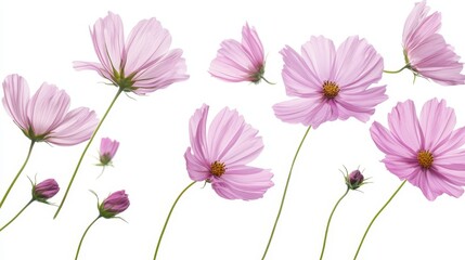 Naklejka premium a bunch of pink cosmos flowers on a white background The flowers are in full bloom, with some buds still in the process of blooming The petals of the flowers are