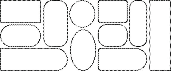 Scallop frames set. Rectangle shape frame with zigzag edge. Frames with zigzag, Tags, labels, stamps, crackers, coupons rectangle boxes isolated. Wave and curvy border shape