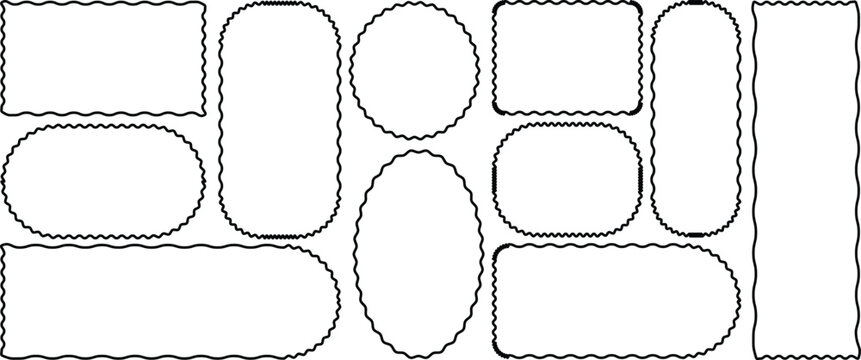 Scallop frames set. Rectangle shape frame with zigzag edge. Frames with zigzag, Tags, labels, stamps, crackers, coupons rectangle boxes isolated. Wave and curvy border shape
