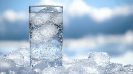 Obraz premium a glass of water with ice cubes floating in it, set against a blurred background The glass is filled to the brim with clear, refreshing water, and the ice cubes ar