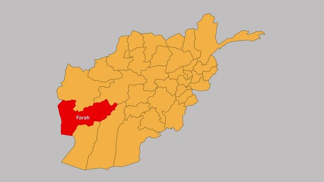 Farah map animated video. The location is highlighted on the Afghanistan map. Colour map with Gray background in video format.