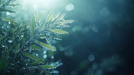 Obraz premium a green plant with water droplets glistening on its leaves, illuminated by the sun in the background