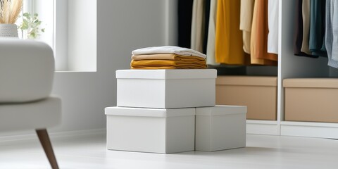 Daily Chores concept, A stack of white storage boxes with colorful blankets on top, set in a stylish, minimalistic room with a wardrobe in the background.