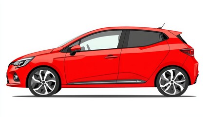  a red Renault Clio RS hatchback on a white background It is a sketch of the car, with its sleek and modern design, featuring a curved hood, a sloping roofline, and
