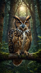 Fototapeta premium The Wise Owl of the Ancient Forest in a mystical card illustration.
