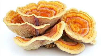  a group of mushrooms on a white background The mushrooms are arranged in a cluster, with some overlapping each other The white background provides a stark contras