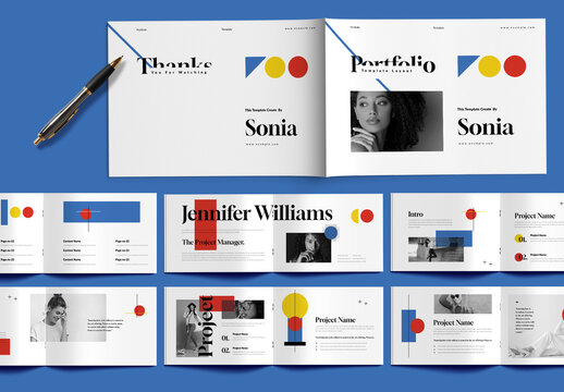 Landscape Portfolio Layout With Red Blue And Yellow Pastel Elements