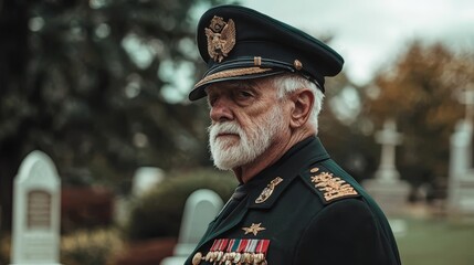 Obraz premium an older man in a military uniform standing in front of a grave surrounded by trees and a clear blue sky He is wearing a hat, adding to the solemn atmosphere of th