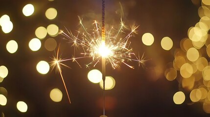 Fototapeta premium a sparkler hanging from a string in front of a backdrop of bokeh lights, creating a festive atmosphere perfect for a New Year's Eve celebration