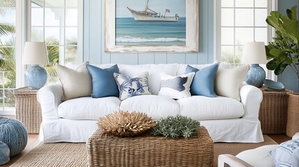 Coastal-inspired living room with a white linen sofa, rattan decor, and ocean-themed accents.