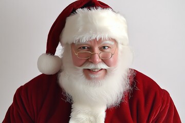 Portrait of a smiling Santa Claus with glasses on a neutral background.