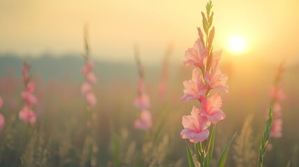Obraz premium a field of pink gladiolus flowers with the sun setting in the background, creating a beautiful and peaceful atmosphere