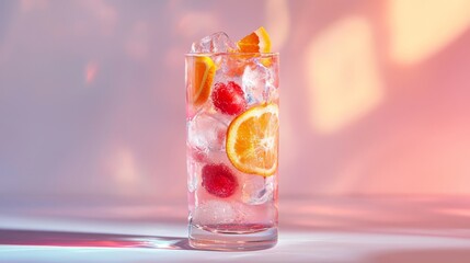 a glass filled with ice cubes, raspberries, and orange slices on top of a table The glass is filled to the brim with the refreshing drink, and the background is sl