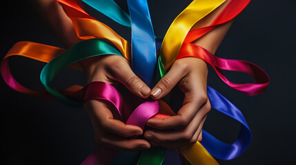 ribbon in rainbow color  flag color in male hand using how to celebrate  , Bold and colorful ribbon in woman hand patterns on a dark background

