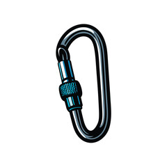 Create a bold line illustration of a climbing carabiner, emphasizing its metallic structure and locking mechanism.  Show detail in the gate and spring.