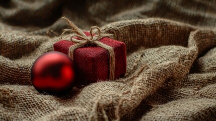  a red Christmas ball sitting atop a jute cloth, with a red gift box tied with a rope beside it The background is slightly blurred, giving the image a dreamy feel