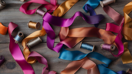 Colorful ribbons on wooden background gift box ribbon  , Shallow depth of field , Toned., Colorful ribbons on a dark background , Shallow depth of field
