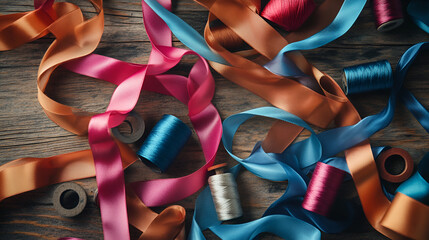 Colorful ribbons on wooden background gift box ribbon  , Shallow depth of field , Toned., Colorful ribbons on a dark background , Shallow depth of field
