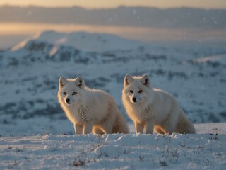 Naklejka premium Three Arctic foxes on a snowy hill.