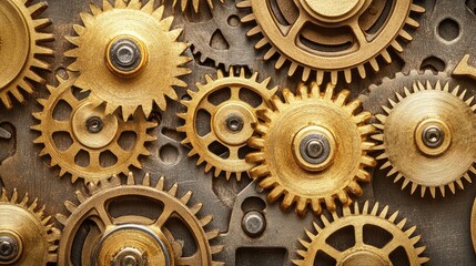 Intricate Arrangement of Vintage Brass Gears Mixing Light and Shadow to Create a Unique Composition in a Timeless Mechanical Design