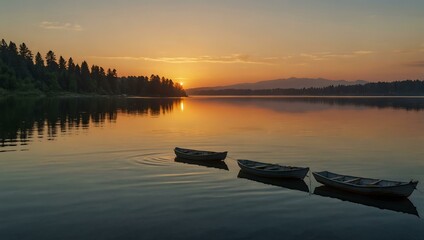 Three boats floating on a calm lake at sunset.