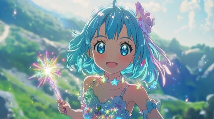 Fototapeta premium A cheerful girl with blue hair holds a sparkling wand, surrounded by a magical landscape filled with vibrant colors and glimmering stars.