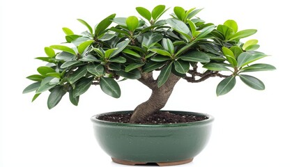 Fototapeta premium a ficus benjamina bonsai tree in a green pot on a white background The tree has lush green leaves and is a popular choice for those looking for a cheap and easy wa