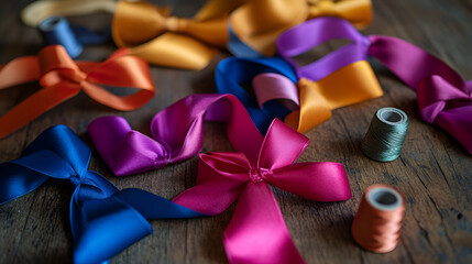Colorful ribbons on wooden background gift box ribbon  , Shallow depth of field , Toned., Colorful ribbons on a dark background , Shallow depth of field
