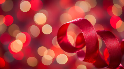 beautiful modern design red ribbon on golden and red bokeh background ,  red ribbon on bokeh background with copy space for text , red ribbon bow for gift box