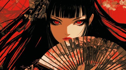 A striking graphic featuring a girl with bold red eyes holding a fan, set against a vivid red background, exuding mystery and elegance.