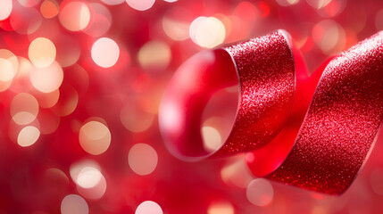  beautiful modern design red ribbon on golden and red bokeh background ,  red ribbon on bokeh background with copy space for text , red ribbon bow for gift box