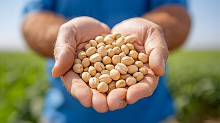  a man wearing a blue dress holding a handful of soybeans in his hands, with a blurred background