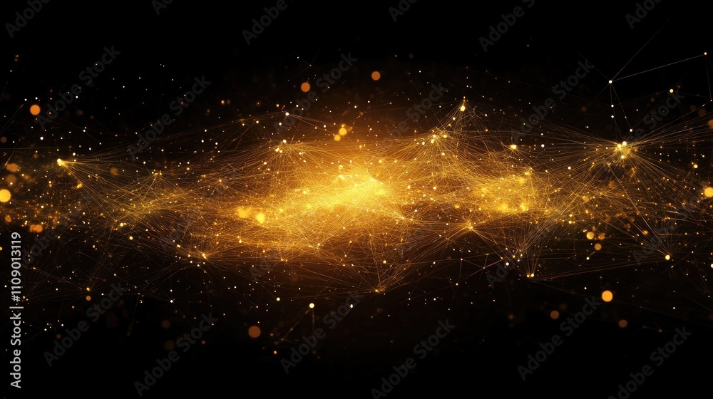 Poster abstract golden cosmic background with radiant particles, glowing lines, and intricate patterns crea