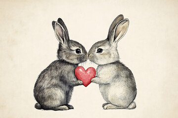Obraz premium Two rabbits holding a red heart, symbolizing love and affection.