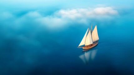  a sailboat floating in the middle of a blue ocean, with white sails billowing in the wind The boat is surrounded by a vast expanse of blue water, and the sky is fi