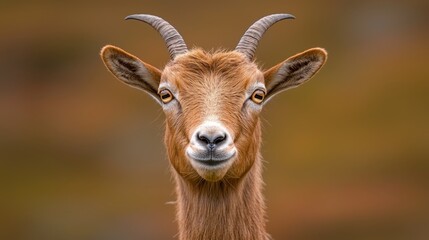 Obraz premium a close up of a brown goat with long horns looking directly at the camera Its fur is a warm brown color and its horns are curved and long Its eyes are bright and