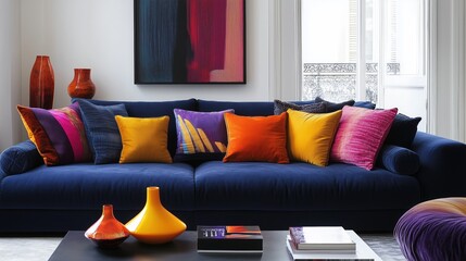 Contemporary living room with a navy blue sofa, bold accent pillows, and artistic decor pieces.