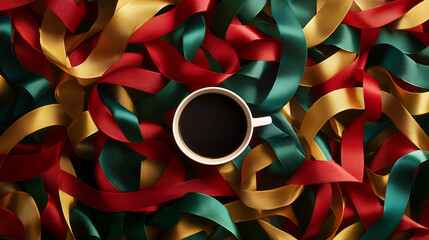 Latte cup and bow ties , Coffee cup with colorful ribbon , Simple coffee cup with ribbon , illustration , A cup with a traditional tasty with colorful modern ribbon 