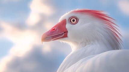  a white goose with a red beak standing in front of a cloudy sky Its feathers are a pristine white, and its beak is a vibrant red The background is slightly blurre