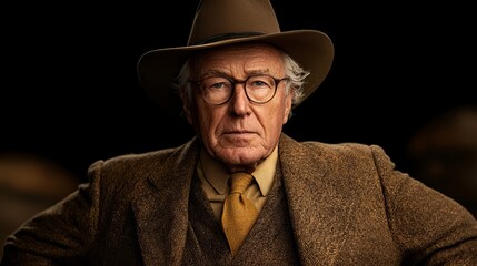   an older man wearing a brown suit, yellow tie, and brown hat, with glasses perched atop his head The background is a deep black, creating a stark contrast with the man's outfit