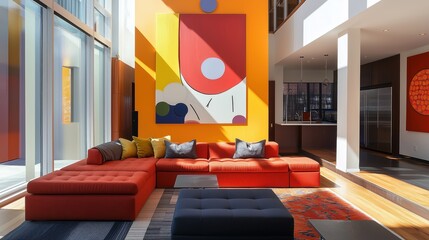 Contemporary living room with a modular sofa, bold accent decor, and abstract wall art.