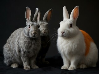 Fototapeta premium Three rabbits, one grayscale, one colorful, and one in orange, set against black.