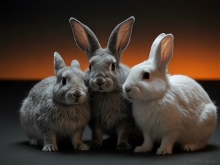 Obraz premium Three rabbits, one grayscale, one colorful, and one in orange, set against black.