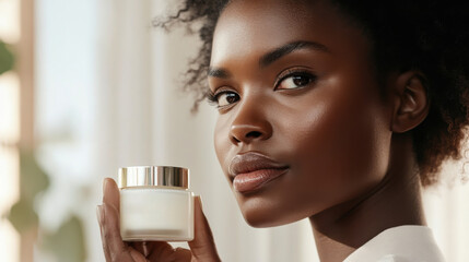 Young woman showcasing skincare product in a light, neutral-toned setting while displaying radiant, healthy skin and natural beauty