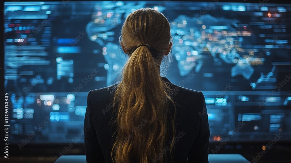 Poster woman viewing global data on a large screen.