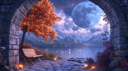 Enchanting lakeside view with glowing full moon, autumn tree, stone arch, bench, and candlelit romantic atmosphere