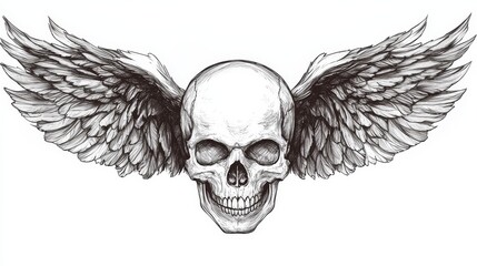 Fototapeta premium a black and white drawing of a skull with angel wings The wings are spread out behind the skull, giving it a majestic and powerful look